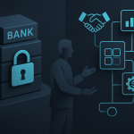 Ilustração editorial sobre fintech bancária, arquitetura desacoplada e liberdade de negociação