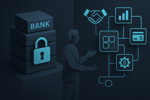 Ilustração editorial sobre fintech bancária, arquitetura desacoplada e liberdade de negociação