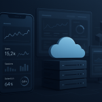 Ilustração tecnológica sobre manutenção de aplicativo em escala, com dashboard mobile, monitoramento e infraestrutura digital.