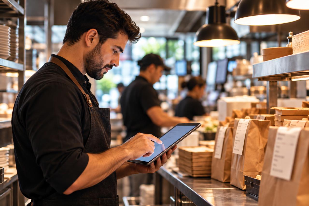 Profissional de restaurante acompanhando a operação pelo tablet